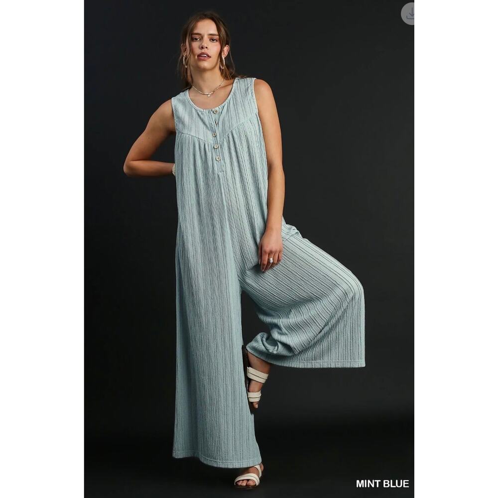 Umgee - Textured Knit Jumpsuit (Mint Blue) - Small